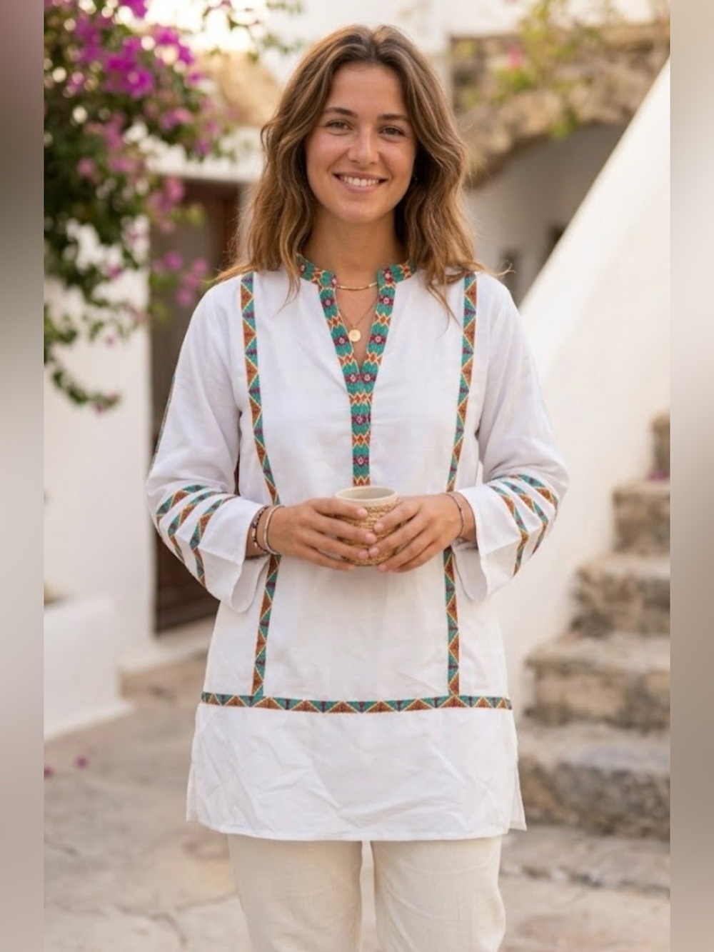 Khaadi White Embroidered V-Neck Tunic with Geometric Multi-Color Trim size 14